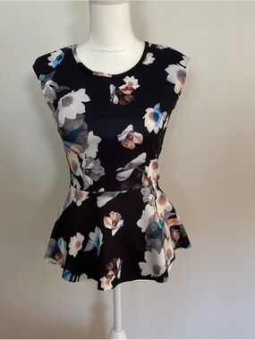 Bar 111 XS Floral Peplum Shell Top - Black with Multicolor Blooms